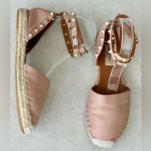 Valentino Garavani Rockstud Pink Leather Espadrille Ankle Wrap Flats Size 37 - Picture 2 of 13